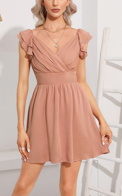 Mini Sundress - V Neck Smocked Ruffle Short Sleeve Wrap
