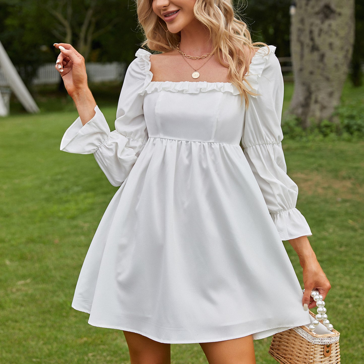 Exlura Women’s Bridal Shower Wedding Guest  Dress Square Neck Long Sleeve Ruffle Dress Backless Tie Back Swing Dress Mini Short Dresses