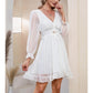 EXLURA Women’s Swiss Dot Flowy Mini Dress V Neck Long Puff Sleeve Tie Back Ruffle Dress Sexy Cottagecore Wedding Guest Dress