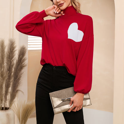 EXLURA Women’s Heart Chunky Pullover Sweater Turtleneck Knit Long Puff Sleeve Jumpers Tops Casual Trendy