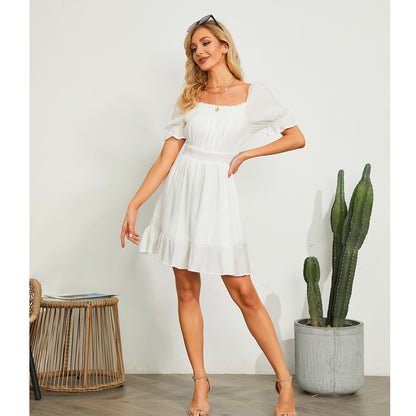 Exlura Women’s High Waist Square Neck Mini Dress Off Shoulder Smocked Puff Short Sleeve Summer Short Ruffle Dress
