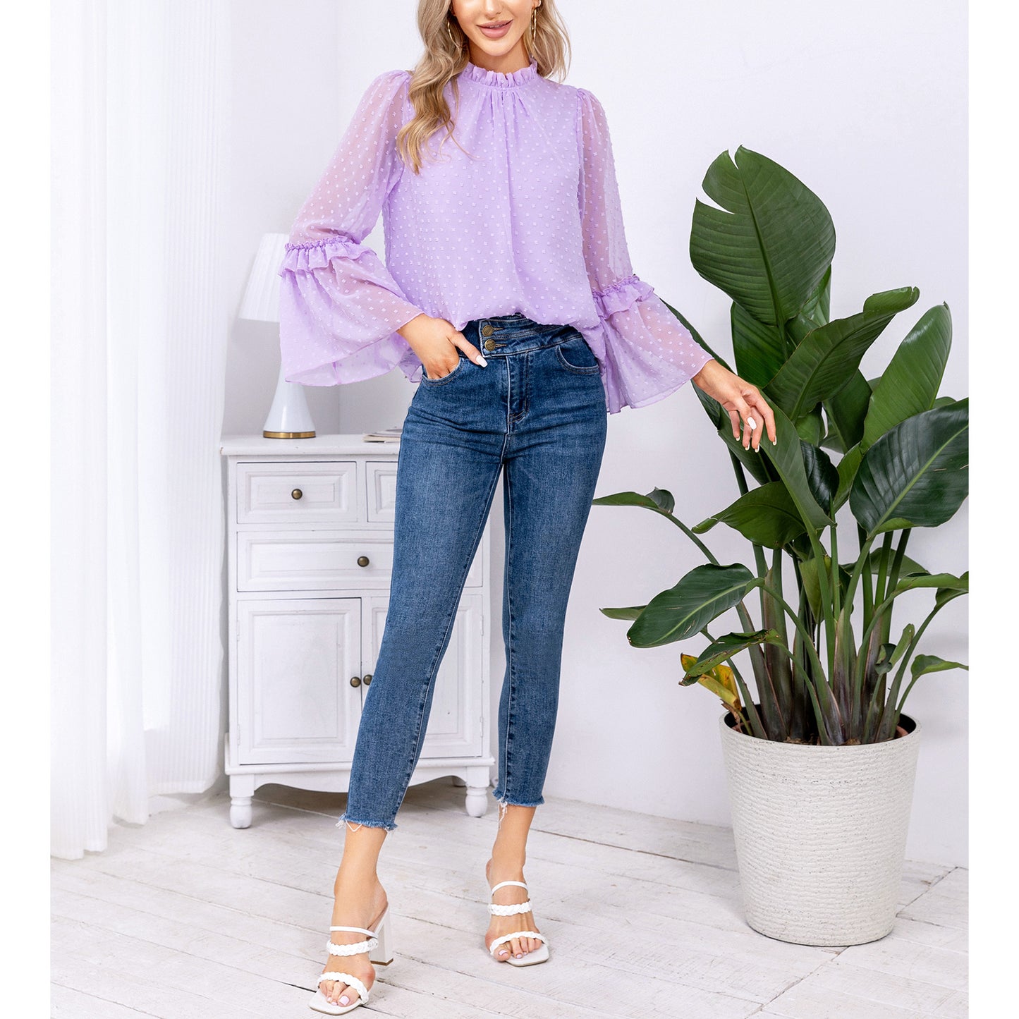 EXLURA Women’s Swiss Dot Long Bell Sleeve Tops Shirts Ruffle Mock Neck Blouses Flowy Chiffon Dressy Tops