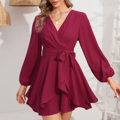 EXLURA Women’s Dressy Jumpsuit V Neck Puff Long Sleeve Waist Tie Ruffle Flowy Faux Wrap Jumpsuits Club Party Cocktail Wedding Guest Rompers