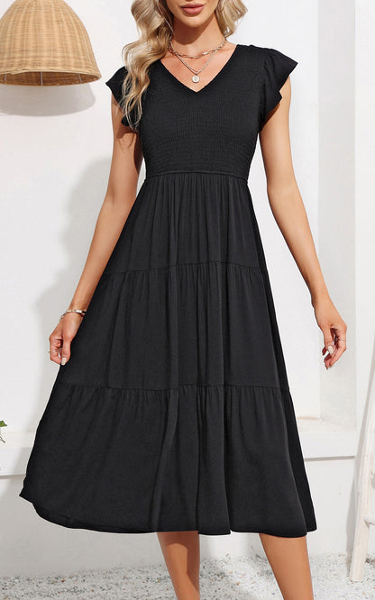 EXLURA Women's Summer Flowy Midi Dress - V Neck Smocked Ruffle Flutter Short Sleeve Boho Wedding Guest Dress