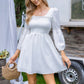 EXLURA Women’s Long Puff Sleeve Dress with Pockets Smocked Ruffle Square Neck Mini Dress Babydoll Vintage Cocktail Party Dress