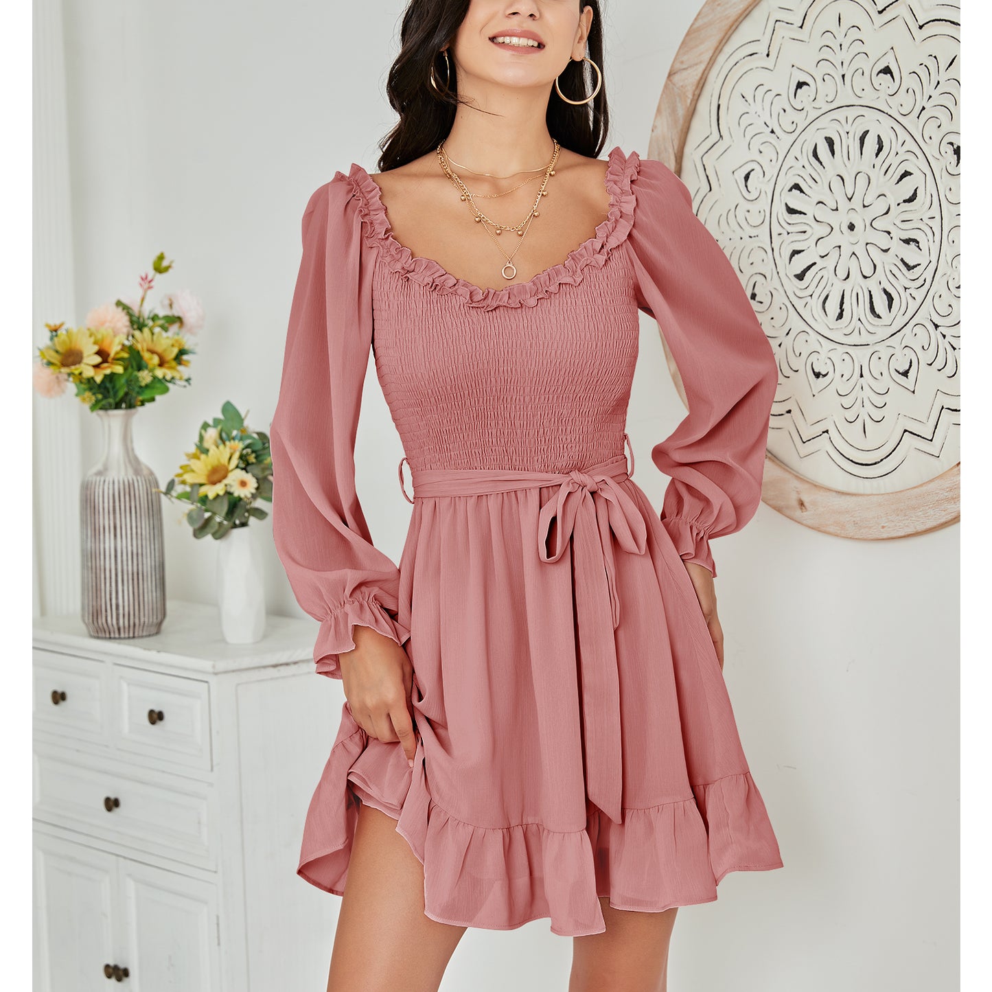 EXLURA Women’s Sweetheart Neckline Ruffle Flowy Dress Smocked Long Puff Sleeve Mini Dress Cottagecore Wedding Guest Dress
