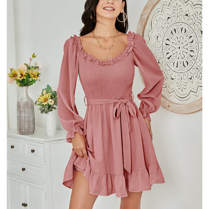 EXLURA Women’s Sweetheart Neckline Ruffle Flowy Dress Smocked Long Puff Sleeve Mini Dress Cottagecore Wedding Guest Dress
