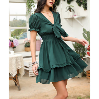 Exlura Women’s V Neck Summer Ruffle Dress Sundress Tiered Smocked Tie Front Short Puff Sleeve Swing Mini Dress
