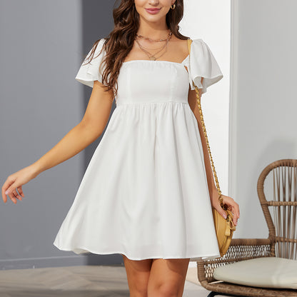 High Waist A-Line Smocked Back Zipper Mini Dress