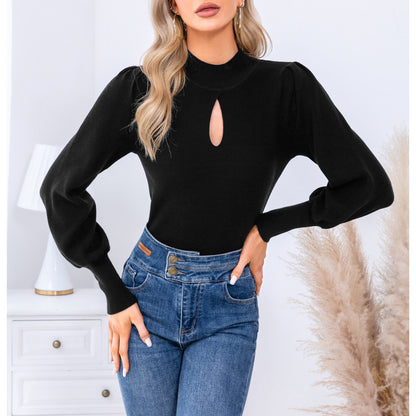 EXLURA Women’s Keyhole Mock Neck Pullover Sweater Slim Fitted Long Puff Sleeve Turtleneck Casual Trendy Tops Jumpers