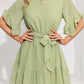 Flowy Mini Dress - Round Neck Belted Swiss Dot Bell Short Sleeve