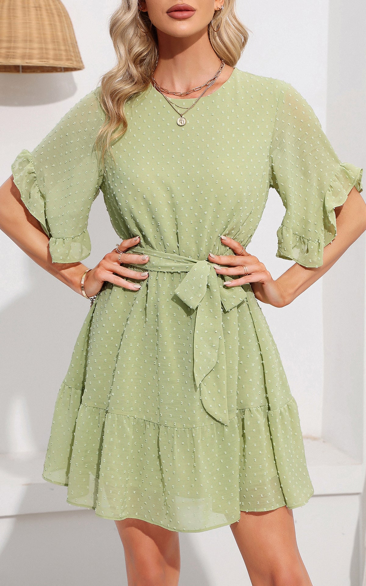 Flowy Mini Dress - Round Neck Belted Swiss Dot Bell Short Sleeve