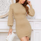 EXLURA Womens Bodycon Pullover Sweater Dress Mock Neck Asymmetrical Hem Long Puff Sleeve Sexy Mini Party Dress
