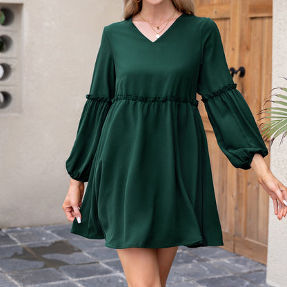 Exlura Women’s Casual Flowy Tunic Tshirt Dress V Neck Ruffle Long Puff Sleeve Dress Cocktail Party Mini Dress