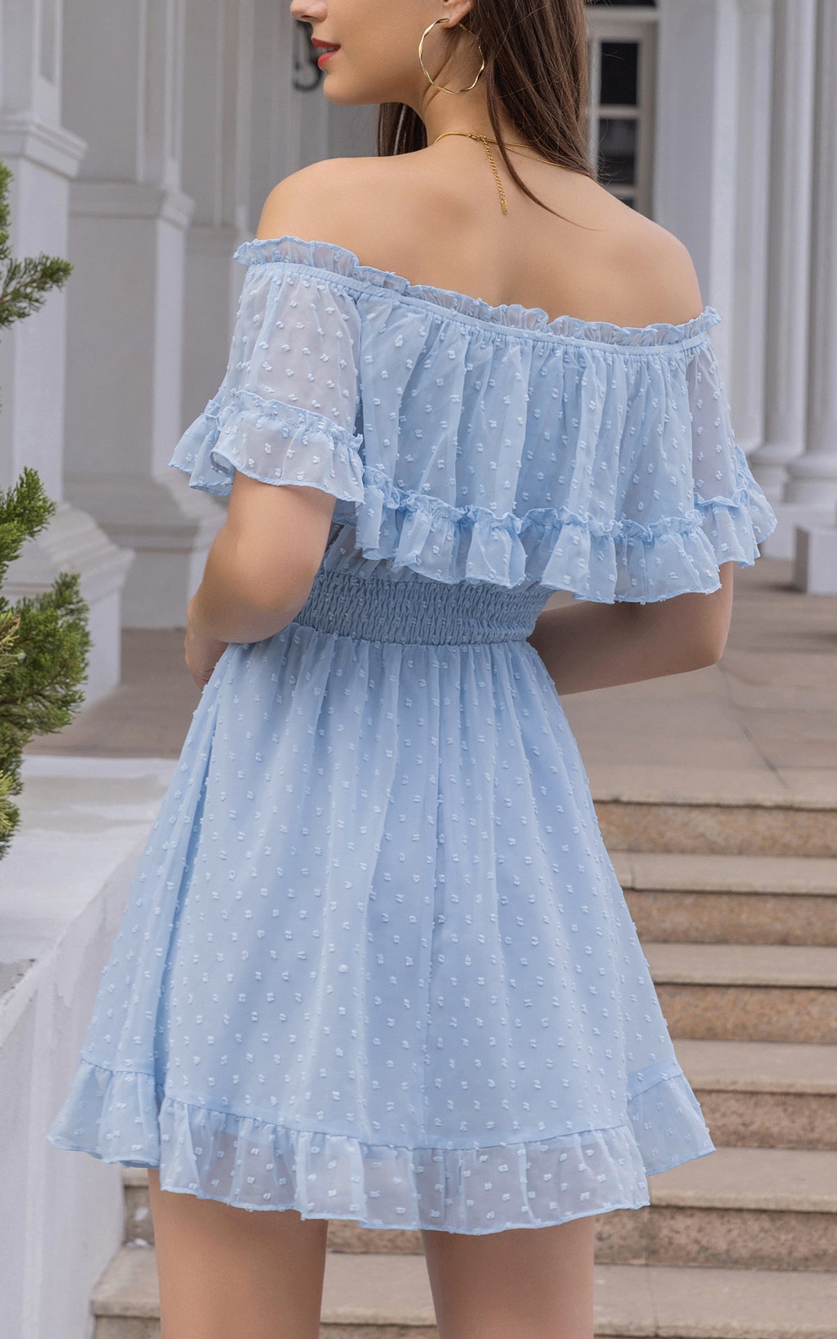 Mini Dress - Swiss Dot Ruffle Off the Shoulder Short Sleeve