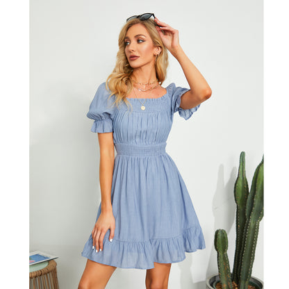 Exlura Women’s High Waist Square Neck Mini Dress Off Shoulder Smocked Puff Short Sleeve Summer Short Ruffle Dress