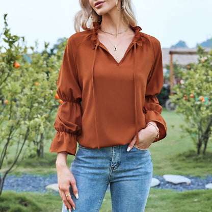 Exlura Women’s Vintage Casual Mini Dress Tie Front Ruffle Long Puff Sleeve Tunic Dress Cocktail Party Dress