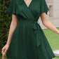 Summer Flowy Mini Dress - V Neck Short Sleeve Pleated Belted
