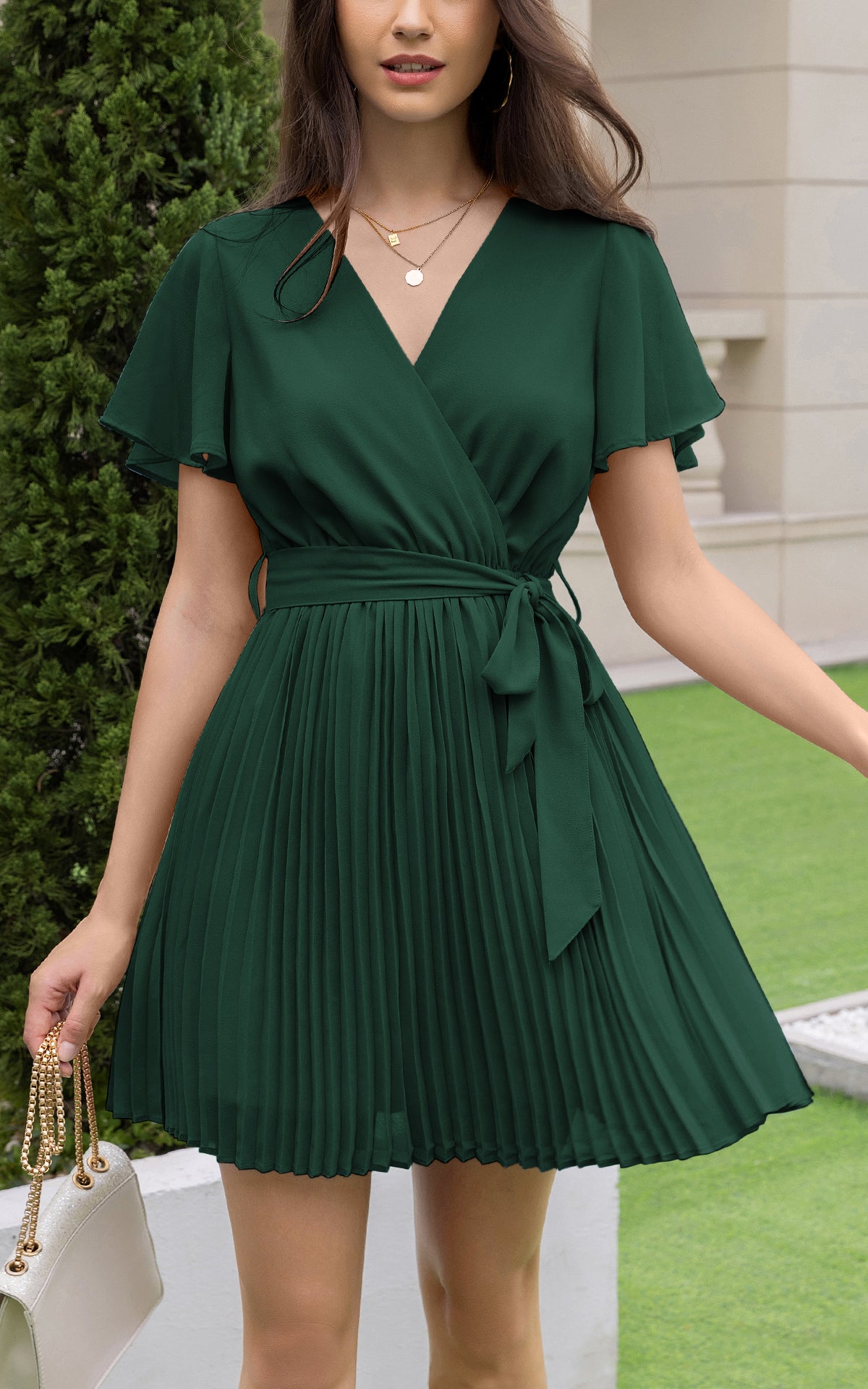 Summer Flowy Mini Dress - V Neck Short Sleeve Pleated Belted