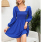 EXLURA Women’s Long Puff Sleeve Dress with Pockets Smocked Ruffle Square Neck Mini Dress Babydoll Vintage Cocktail Party Dress