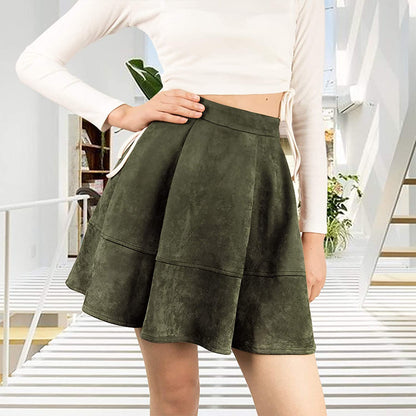 Exlura Womens Faux Suede High Waist Pleated Short Skirt Elastic Button Front Skater Mini Skirt
