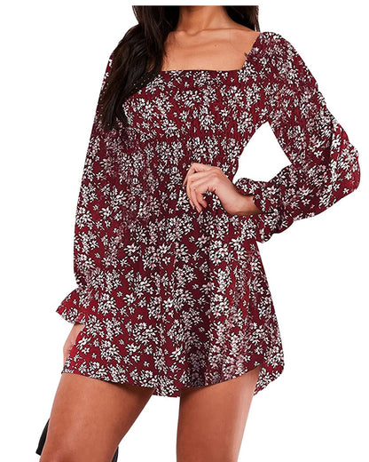 Exlura Womens Square Neck Long Sleeve High Waist Smocked A Line Ruffle Swing Short Dress