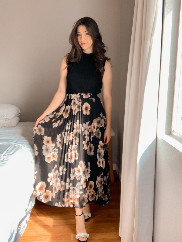 EXLURA Women's Floral Printed Chiffon Elastic High Waist Pleated Long Maxi Skirt