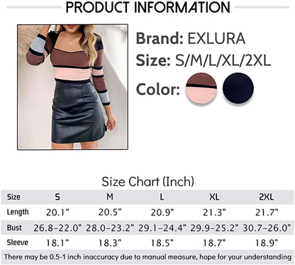 Exlura Women's Square Neck Ribbed Knitted Crop Sweater Long Sleeve Slim Fit Pullover Tops