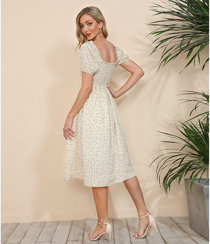 EXLURA Womens Square Neck Dress Puff Short Sleeve High Waist Smocked Ruffle Floral Sweetheart Neckline A-line Midi Dress