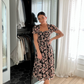 EXLURA Women’s V Neck Dress Short Puff Sleeve High Waist A-Line Backless Tie Back Floral Vintage Midi Dress