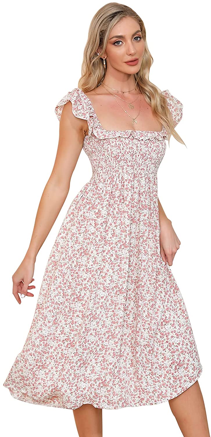 EXLURA Women's Sleeveless Dress Square Neck Floral Print High Waist A-line Ruffle Smocked Backless Midi Dress