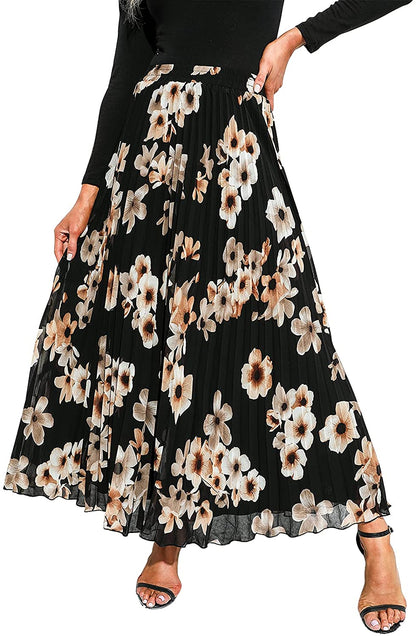 EXLURA Women's Floral Printed Chiffon Elastic High Waist Pleated Long Maxi Skirt