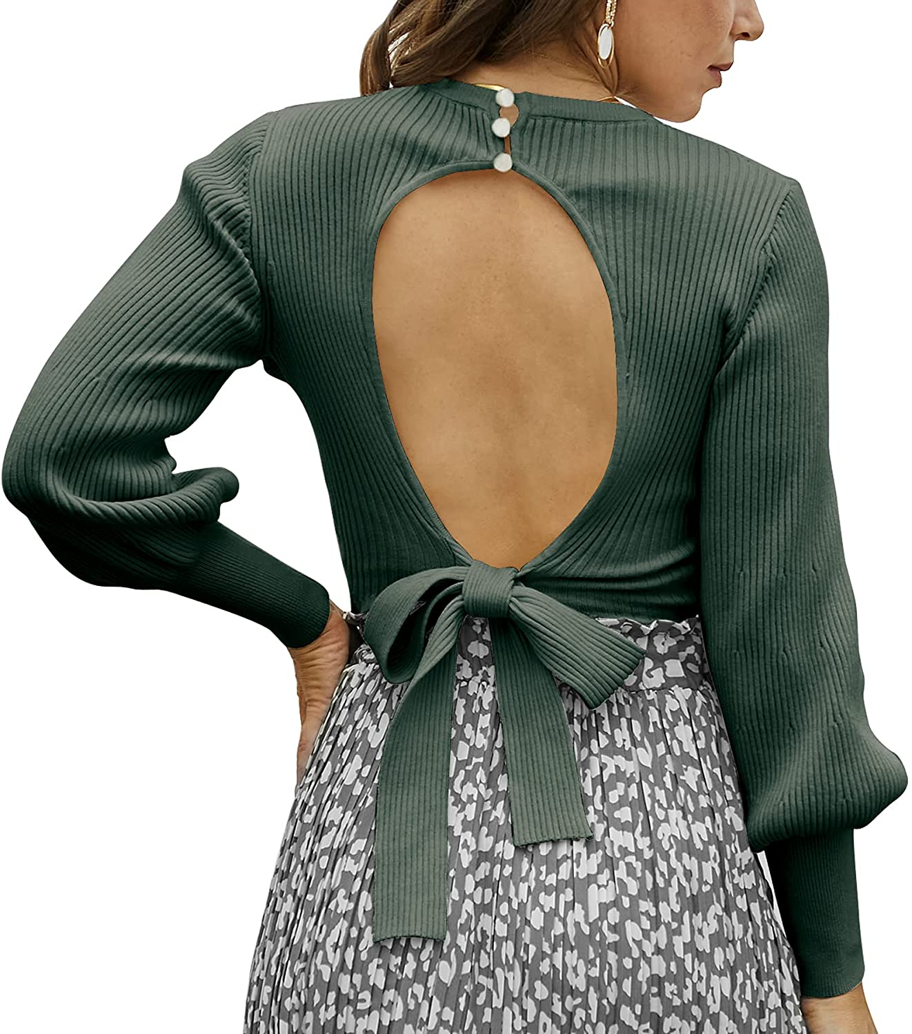 EXLURA Women's Lantern Sleeve Sweater Backless Round Neck Tie Back Knot Lightweight Tops