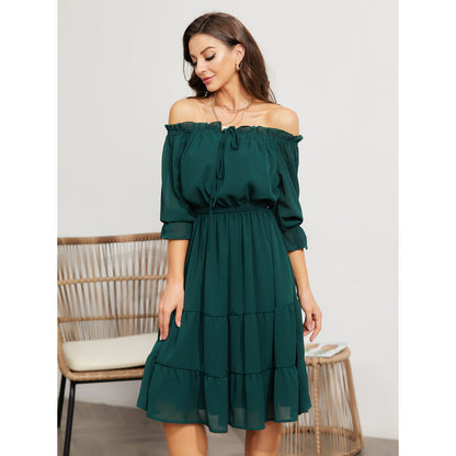 EXLURA Women’s Off Shoulder Long Dress Puff 3/4 Sleeve Tiered Tie Front Frill Hem Flowy Midi Dress Sundress