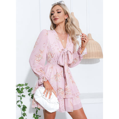 EXLURA Women Tie Front Elastic Waist Tiered Ruffle Layer Floral Balloon Long Sleeve V-Neck A-Line Mini Dress
