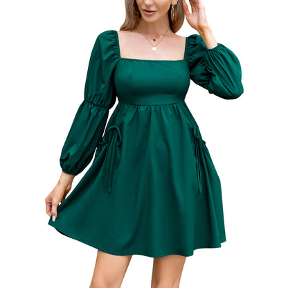 Exlura Women’s Casual Mini Dress with Pockets Square Neck Long Puff Sleeve Dress Empire Waist Boho Wedding Guest Dress