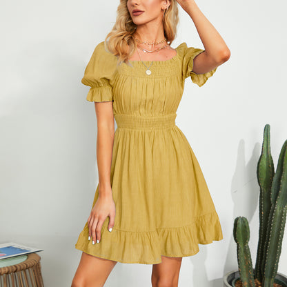 Exlura Women’s High Waist Square Neck Mini Dress Off Shoulder Smocked Puff Short Sleeve Summer Short Ruffle Dress