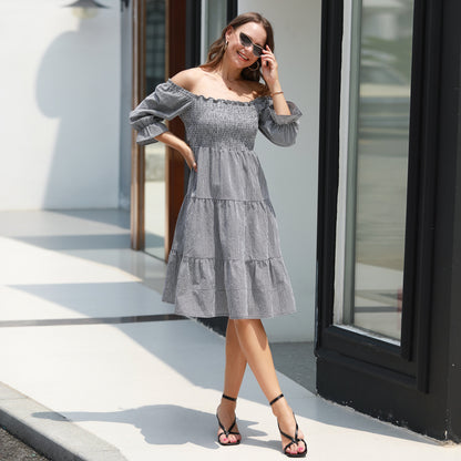 EXLURA Women's Back Tie Knot Square Neck Smocked Bust Puff Elbow Sleeve Ruffle Plaid Tiered Midi Dress