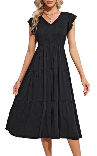 EXLURA Women's Summer Flowy Midi Dress - V Neck Smocked Ruffle Flutter Short Sleeve Boho Wedding Guest Dress