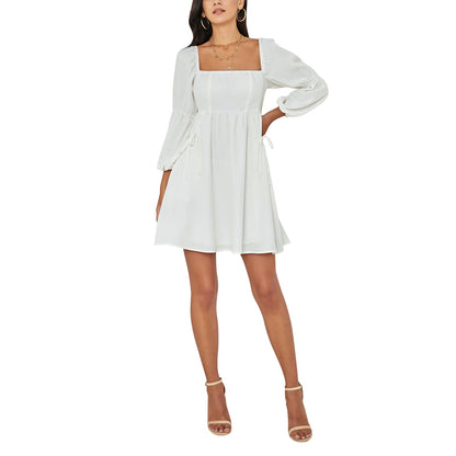 Exlura Women’s Casual Mini Dress with Pockets Square Neck Long Puff Sleeve Dress Empire Waist Boho Wedding Guest Dress