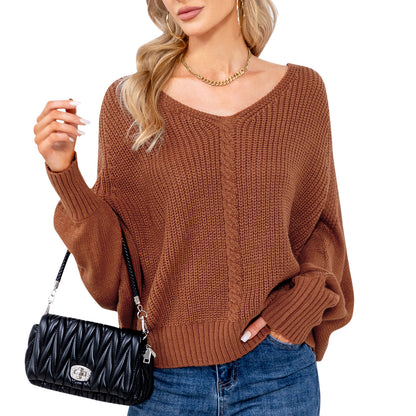 EXLURA Women's V Neck Oversized Sweater Batwing Long Sleeve Chunky Pullover Sweater Sexy Casual Trendy Tops