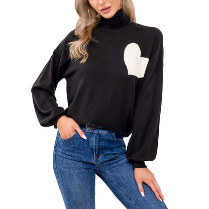 EXLURA Women’s Heart Chunky Pullover Sweater Turtleneck Knit Long Puff Sleeve Jumpers Tops Casual Trendy