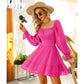 Long Lantern Sleeve Square Neck Dress Elastic Waist Aline Casual Mini Dress
