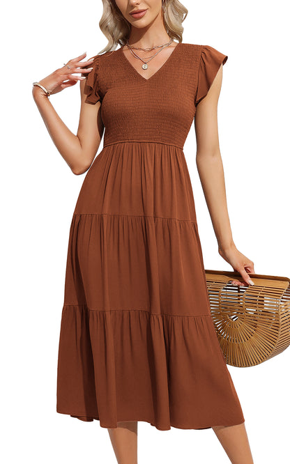 EXLURA Women's Summer Flowy Midi Dress - V Neck Smocked Ruffle Flutter Short Sleeve Boho Wedding Guest Dress