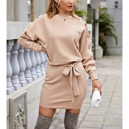 EXLURA Womens Off Shoulder Sweater Dresses Boat Neck Long Sleeve Knitted Tie Wasit Bowknot Pullover Mini Dress