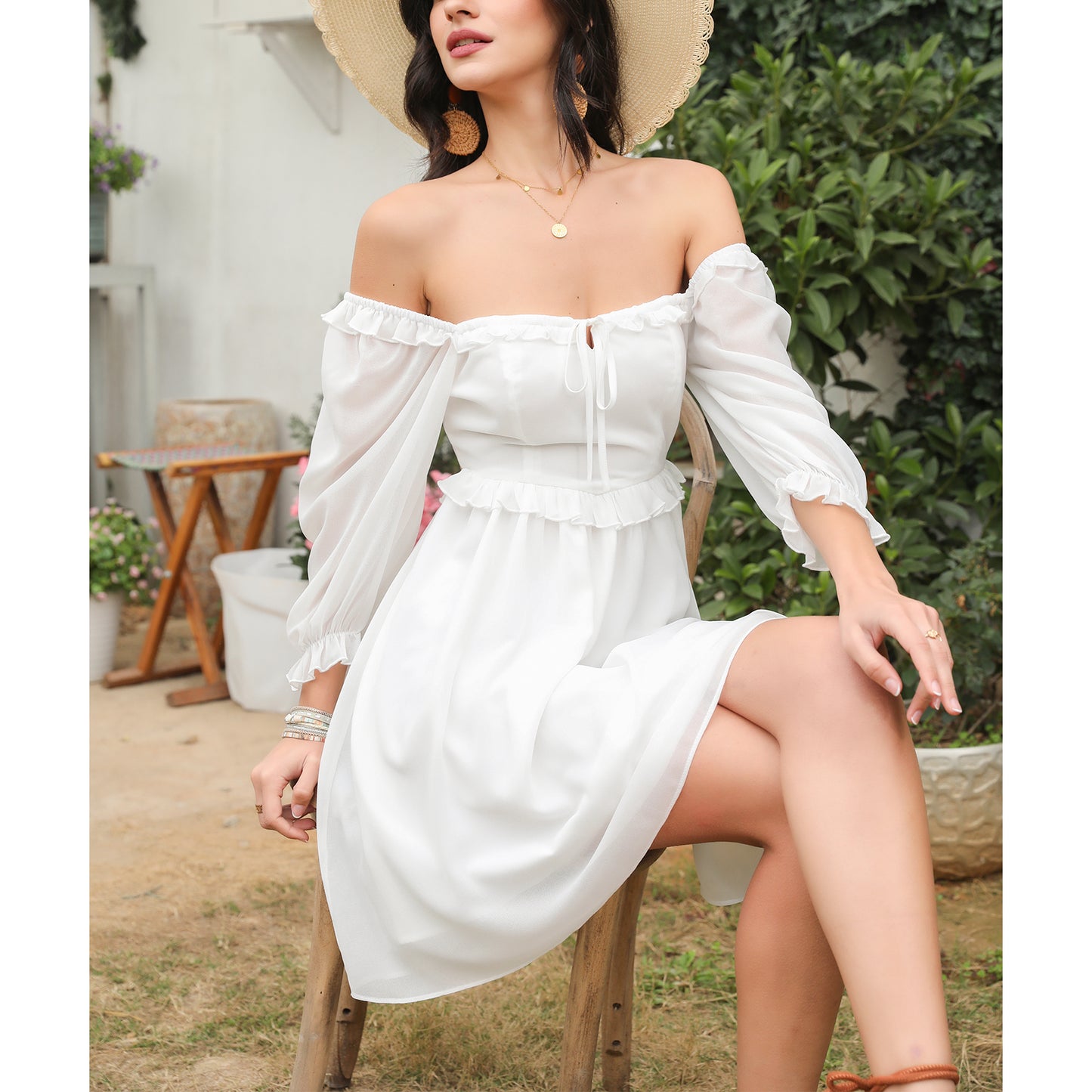 Exlura Women’s Off Shoulder Floral Ruffle Dress Sundress Tie Back Puff Sleeve Backless Square Neck Mini Summer Dress