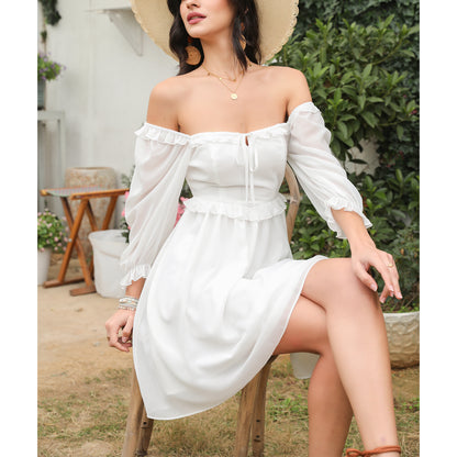 Exlura Women’s Off Shoulder Floral Ruffle Dress Sundress Tie Back Puff Sleeve Backless Square Neck Mini Summer Dress