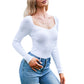 Exlura Women's Square Neck Ribbed Knitted Crop Sweater Long Sleeve Slim Fit Pullover Tops