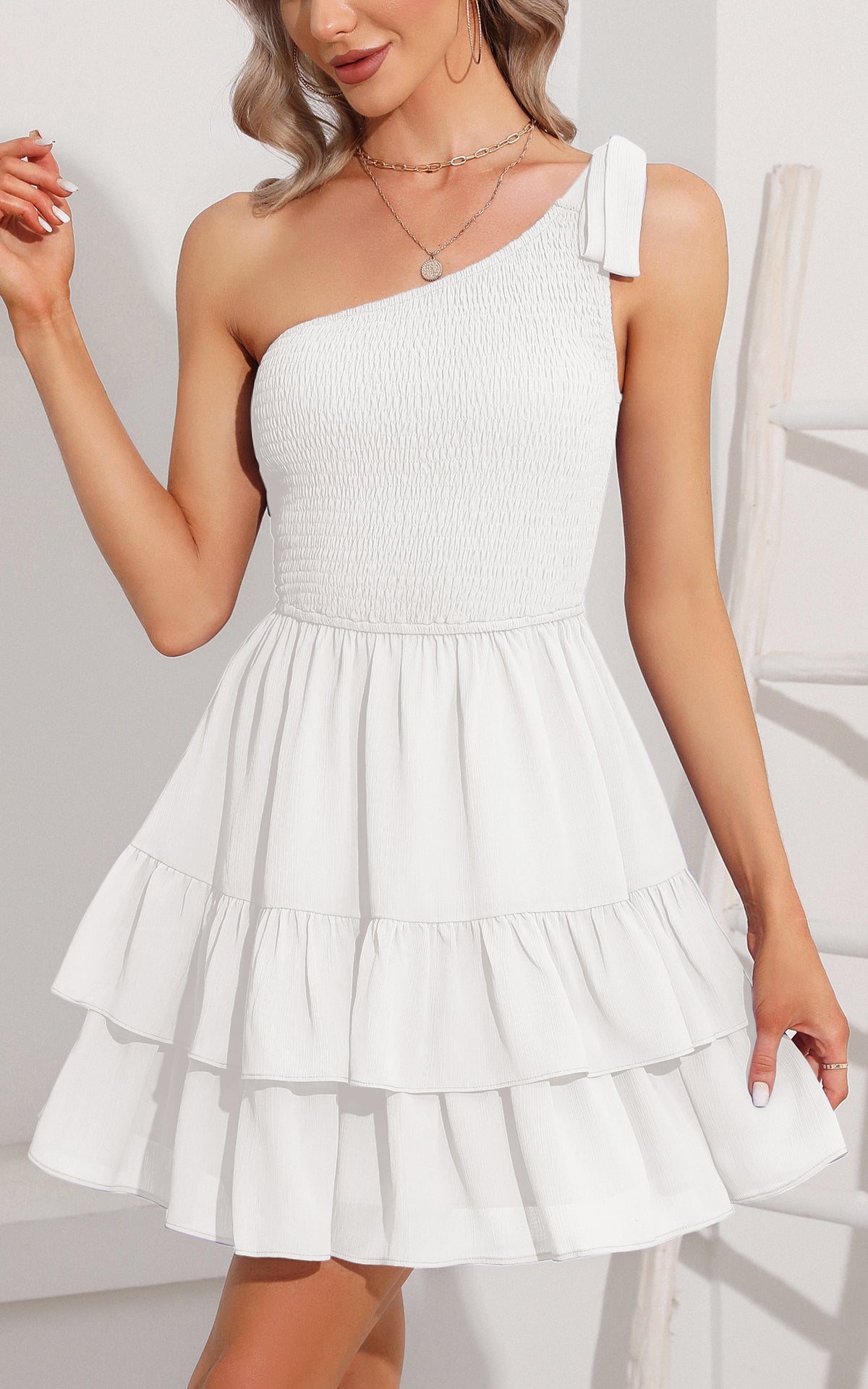 Summer One Shoulder Sleeveless Solid Color Dress Ruffle