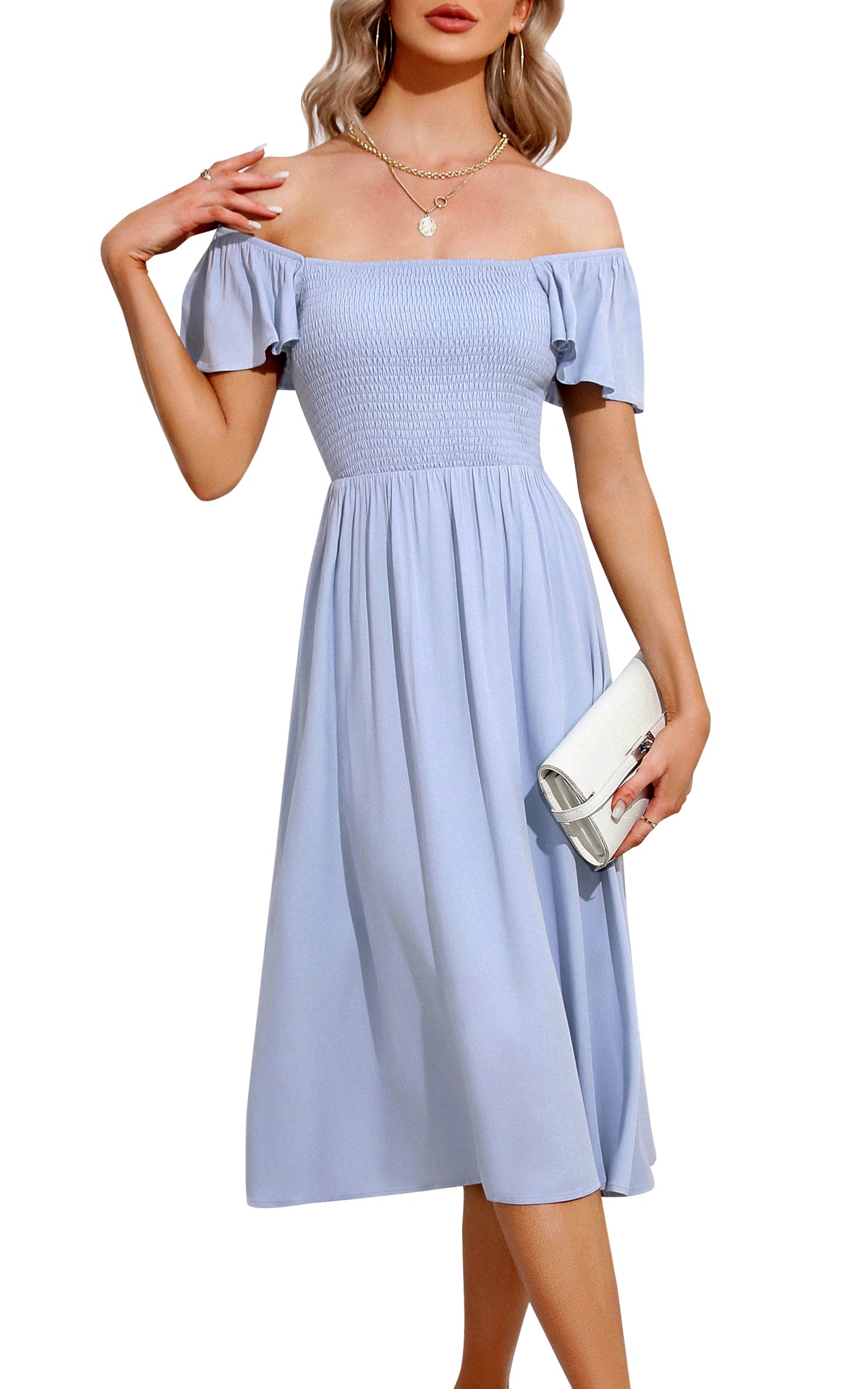 EXLURA Women's Summer Flowy Midi Dress - Square Neck Smocked Ruffle Short Sleeve Off The Shoulder Wedding Guest Dress